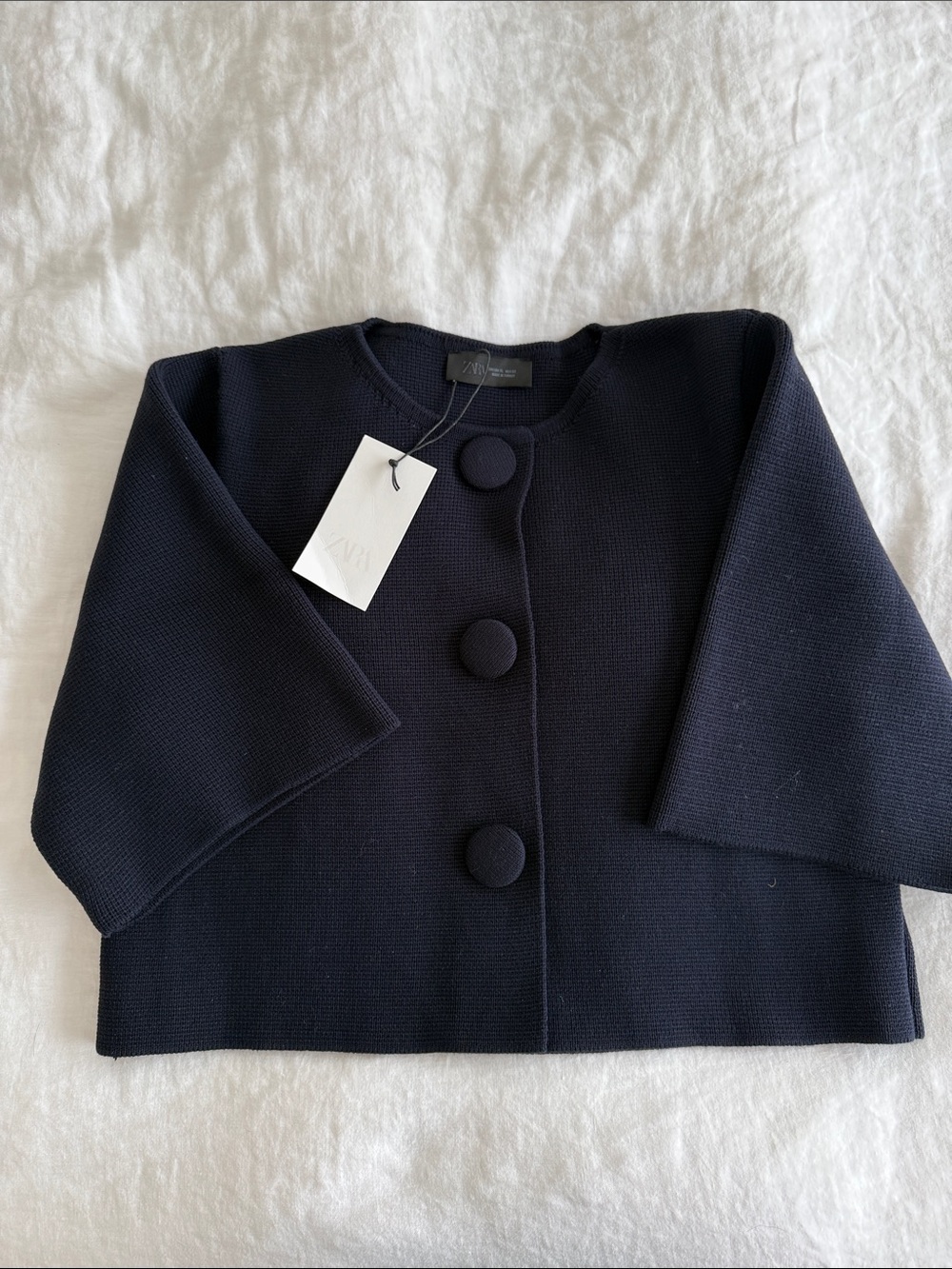 Zara Navy Boxy Knit Cardigan with Large Covered Buttons